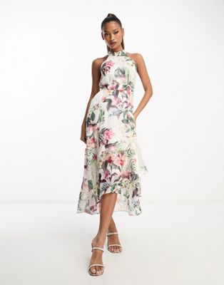 Lipsy halterneck midi dress with wrap skirt in floral print | ASOS