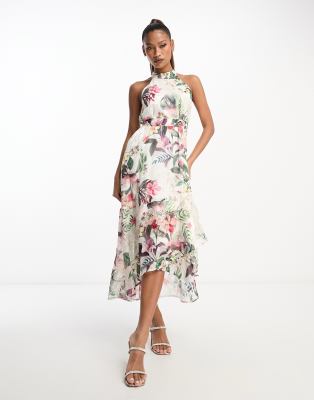 Lipsy gracie print halter shop tie frill midi dress