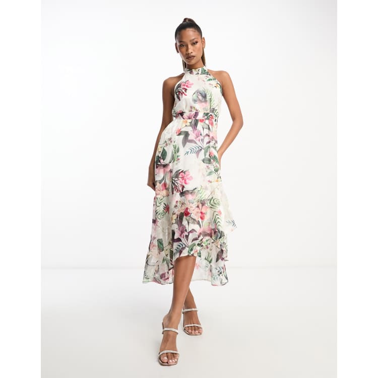 Lipsy halterneck midi dress with wrap skirt in floral print ASOS