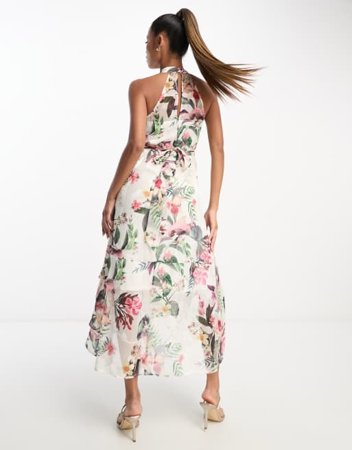 Lipsy halterneck midi dress with wrap skirt in floral print