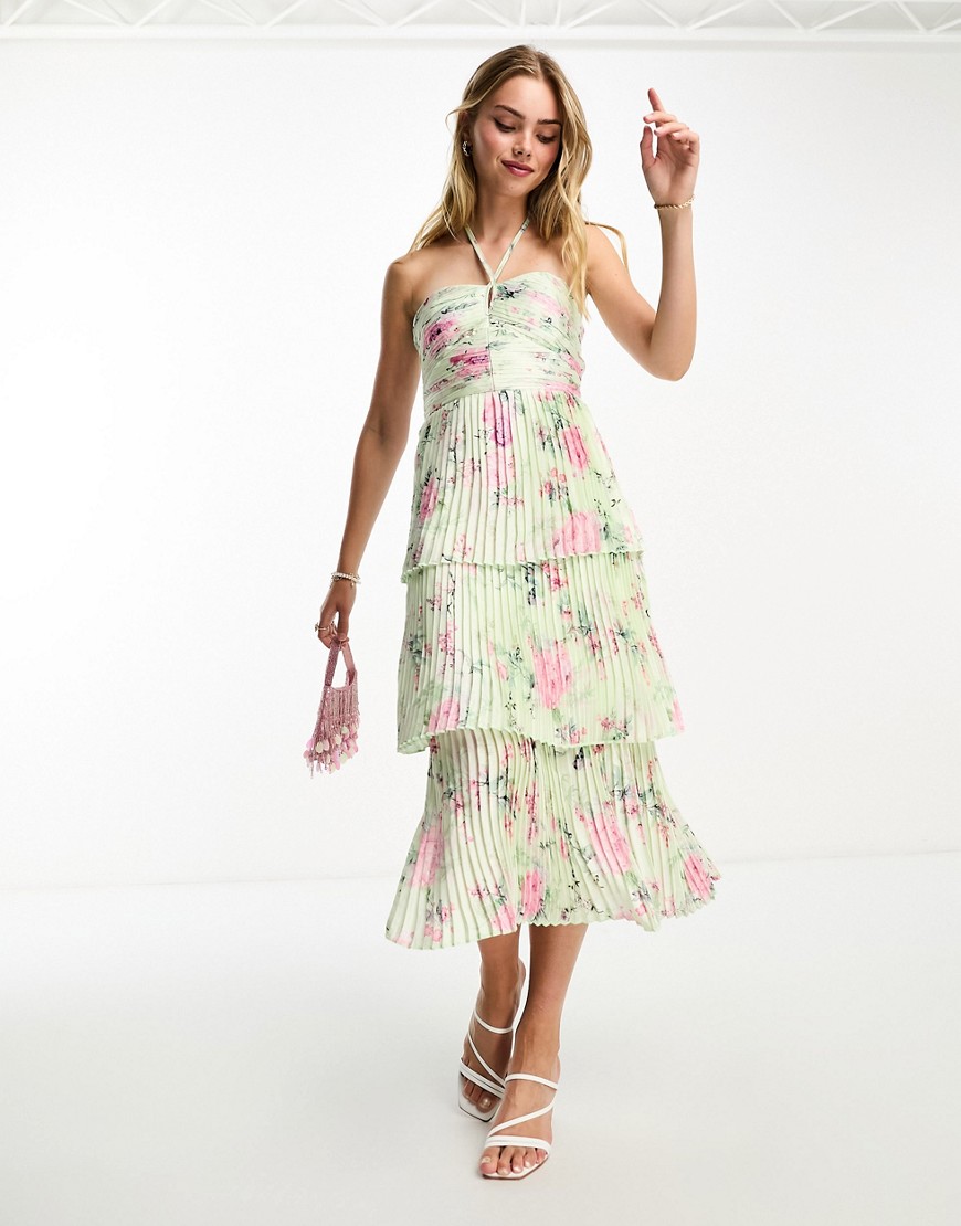 halterneck plisse midi dress with tiered skirt in green floral-Multi