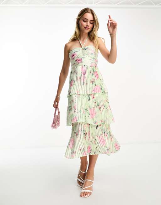 Lipsy halterneck plisse midi dress with tiered skirt in green floral