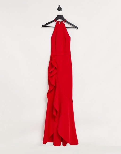Lipsy halterneck ruffle dress in red