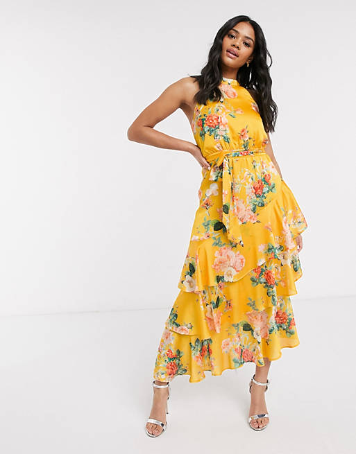 Lipsy halterneck ruffle tiered maxi dress in yellow floral | ASOS