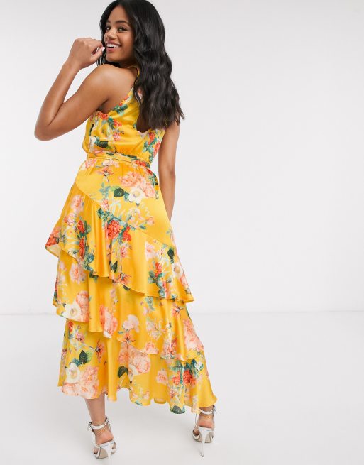 Lipsy halterneck ruffle tiered maxi dress in yellow floral