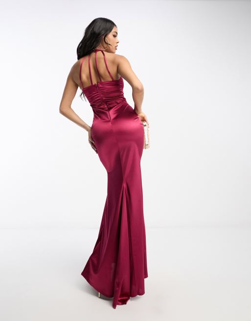 ASOS DESIGN Bridesmaid satin ruched halter neck maxi dress in wine, ASOS