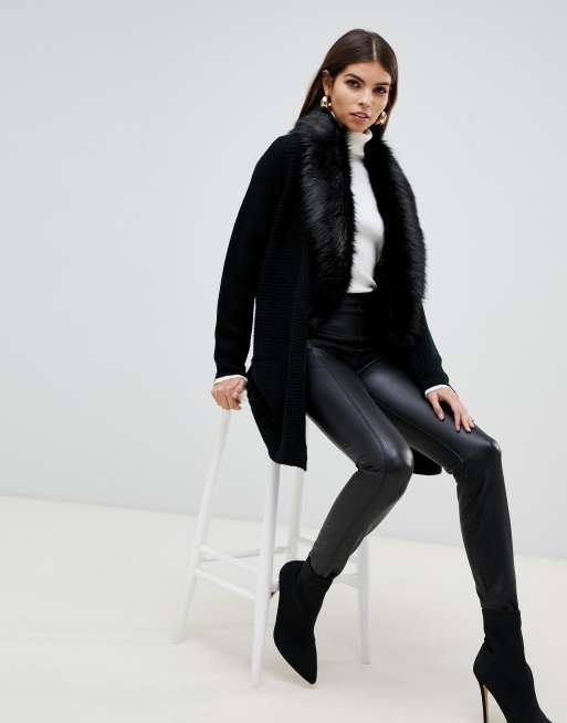 Long black cardigan 2025 with fur collar