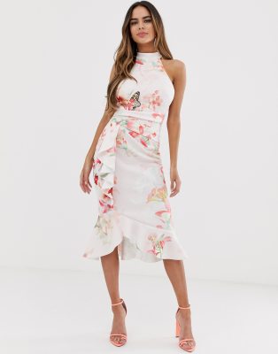 halter neck floral midi dress