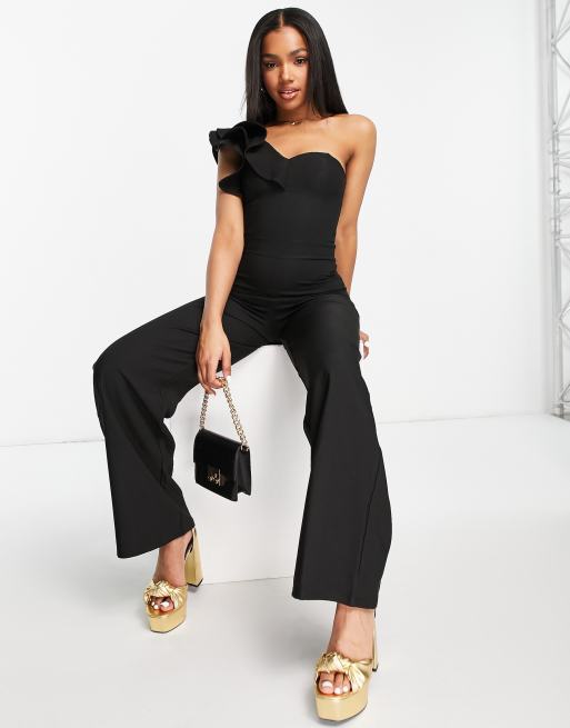 Lipsy Jumpsuit in Schwarz mit Ruschenarmeln und weitem Bein ASOS