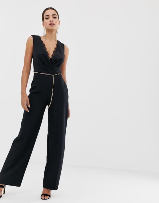 Lipsy jumpsuit with lace insert and chain belt in black | ASOS