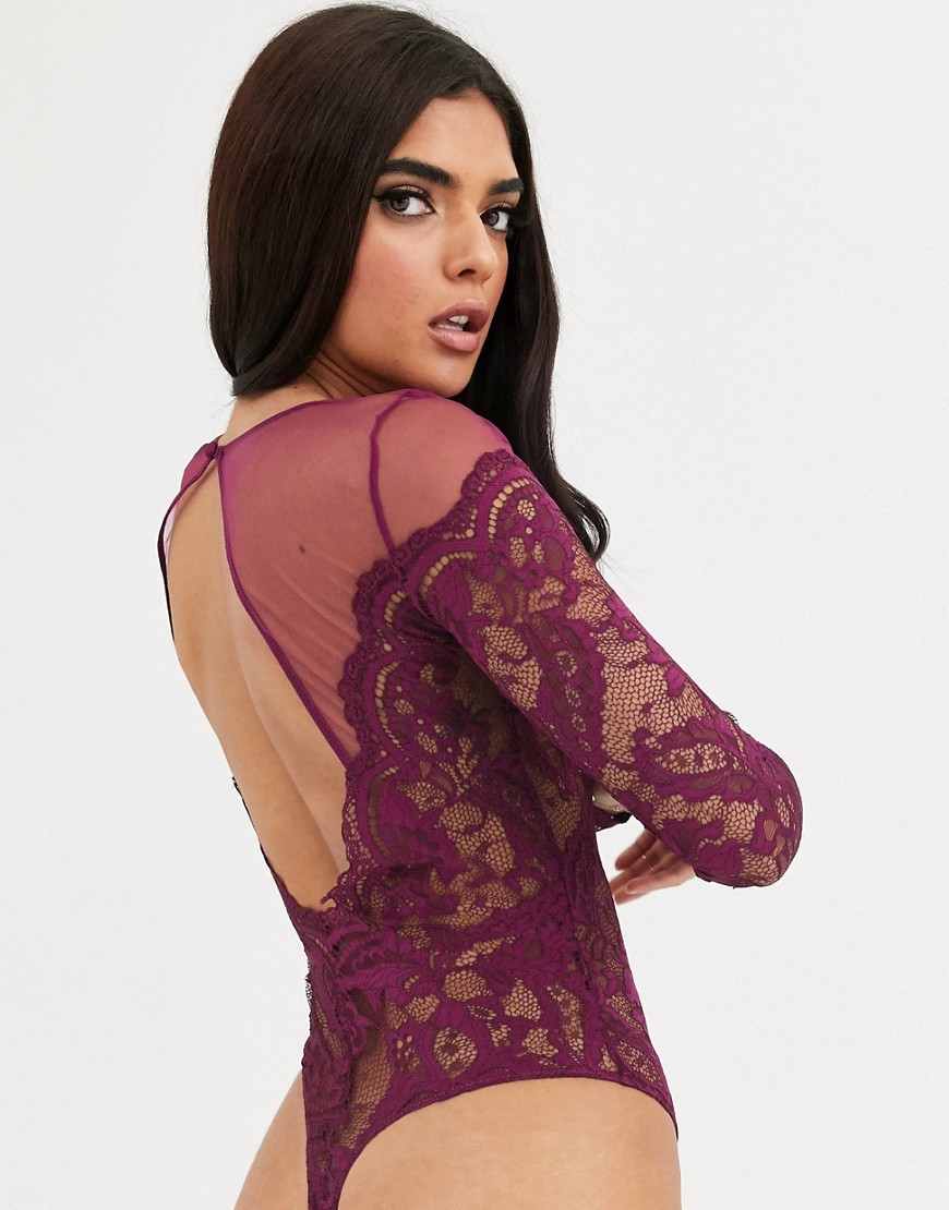 Lipsy Kaley lace and mesh detail bodysuit in wine-Red