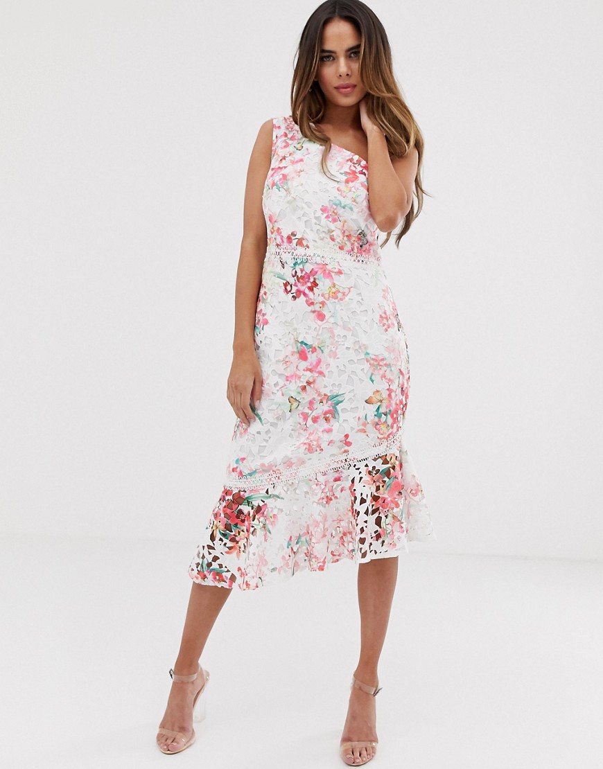 Lipsy - Kanten midi-jurk met één schouder. print, zwierige zoom en bloemenprint-Multi