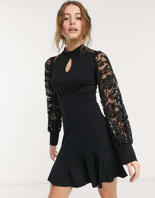 Lipsy keyhole skater dress with organza balloon sleeves in black | ASOS