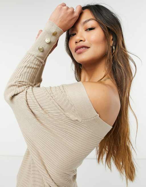 Lipsy knit off the shoulder sweater in camel