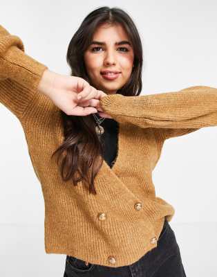 Lipsy Lipsy knitted button detail cardi in camel-Brown