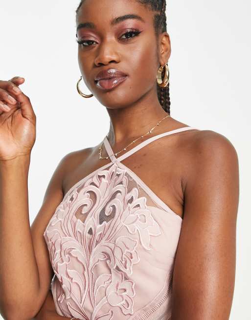 Lipsy lace and mesh detail midi dress in rose