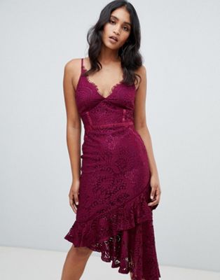 Lipsy lace asymmetric hem cami bodycon dress in purple | ASOS