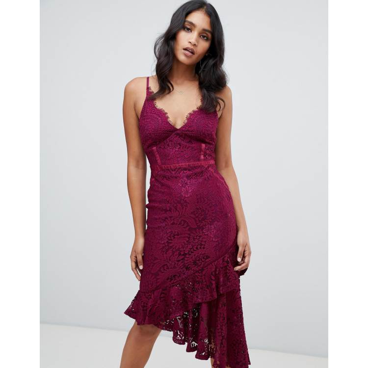 Lipsy lace asymmetric hem cami bodycon 2025 dress in purple