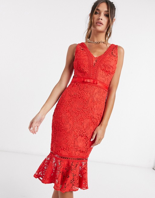 Lipsy lace bodycon dress with pephem in red