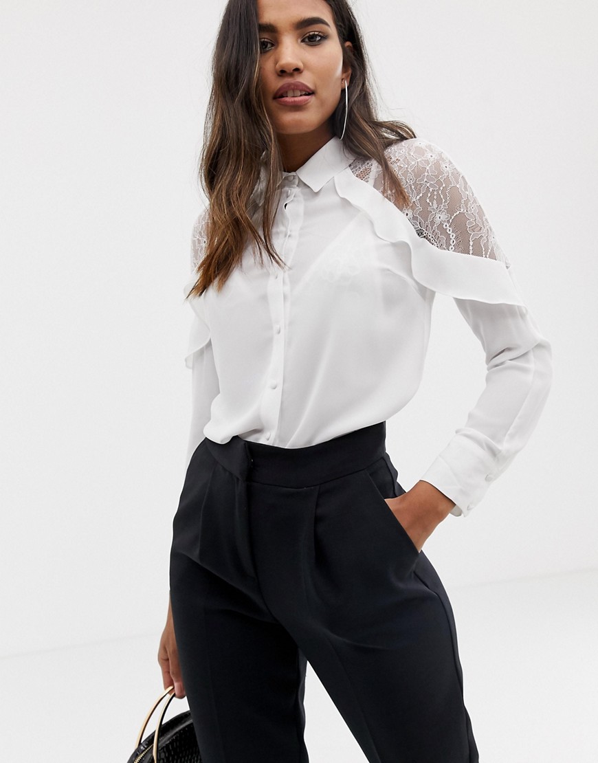 Lipsy lace cold shoulder shirt with ruffle-Cream