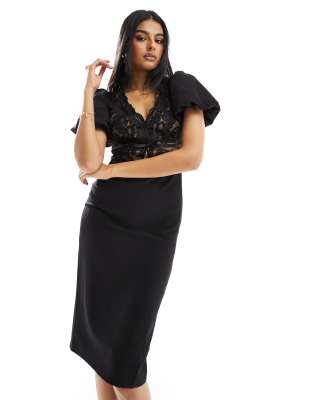 Lipsy Black Petite Mesh Corset Midi Dress