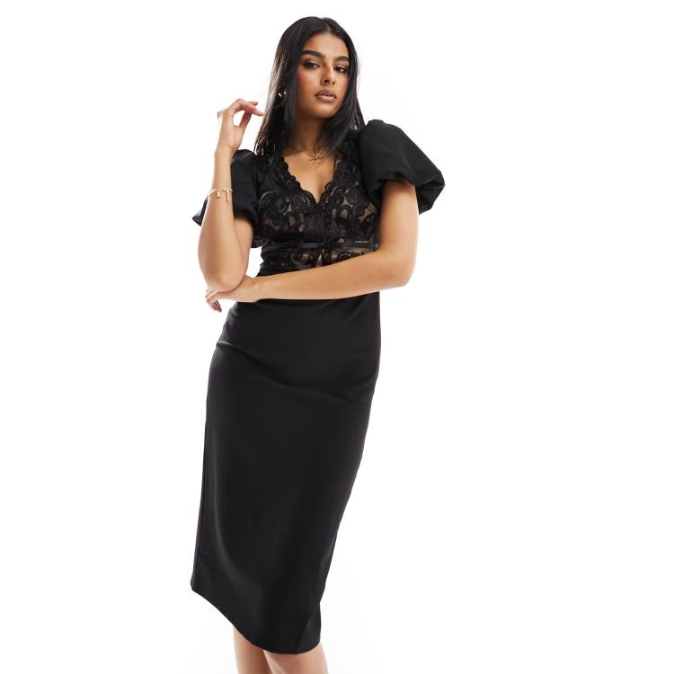 Lipsy lace detail midi dress in black