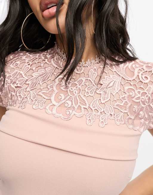 Lipsy lace detail high clearance neck bodycon dress in pink