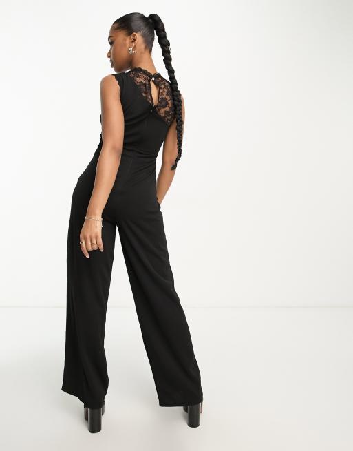 ASOS Asos Design Petite Jumpsuit With Lace Detail & Tapered Leg in Black