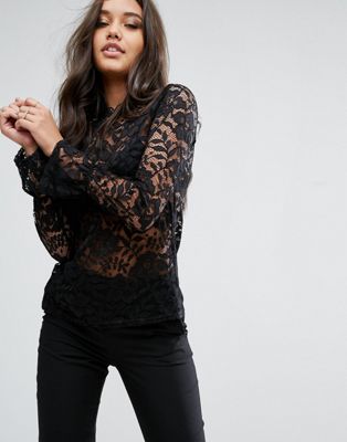 Lipsy | Lipsy Lace Long Sleeve Top with High Neck