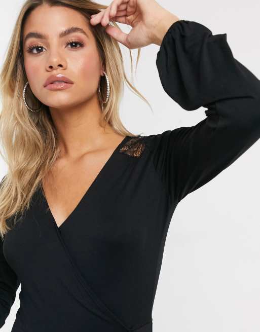 Lipsy lace shoulder wrap front top in black