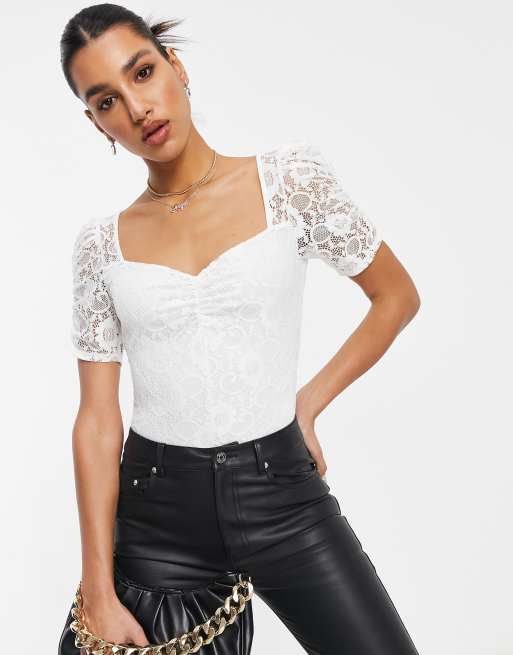 Lipsy lace sleeve bodysuit in white