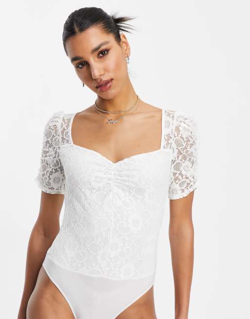 Lipsy lace sleeve bodysuit in white