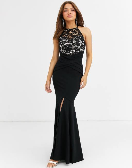 Lipsy lace top high neck maxi dress in black | ASOS