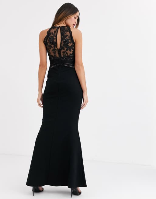 Lipsy lace top high neck maxi dress in black