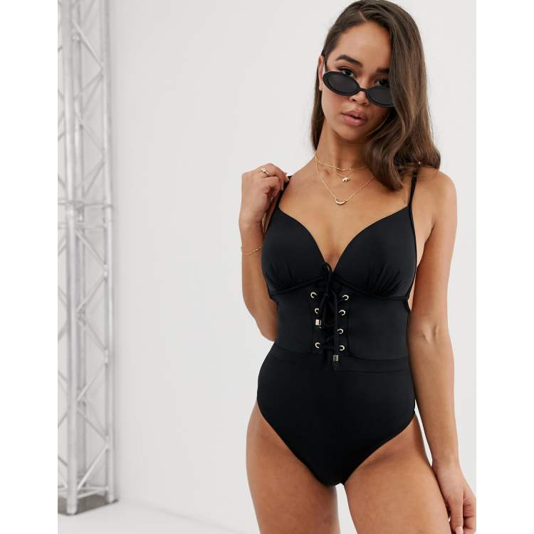 Lipsy lace up swimsuit in black