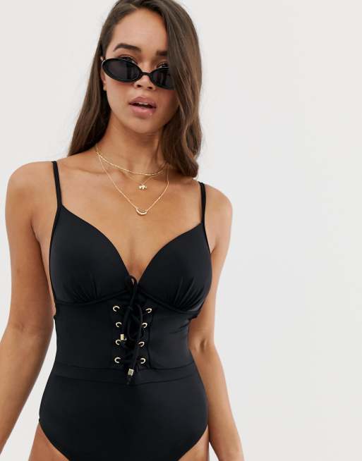 Black Lace Up Front Swimsuit