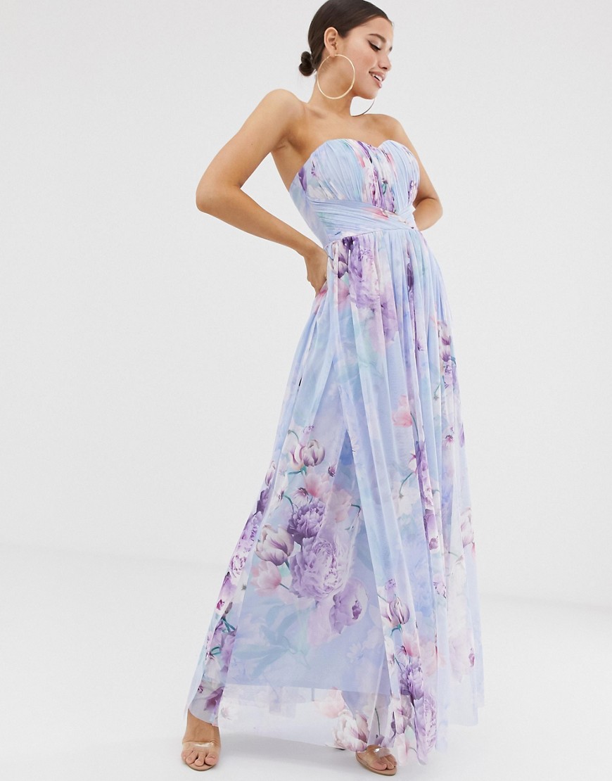 Lipsy - Lange bandeau-jurk met mesh en bloemenprint in blauw-Multi