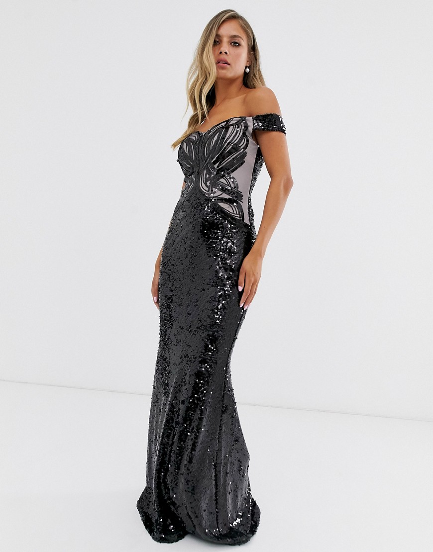 Lipsy - Lange Bardot-jurk versierd met lovertjes-Zwart