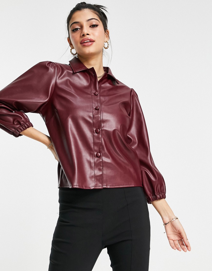 Lipsy leather look balloon sleeve shirt in wine-Red