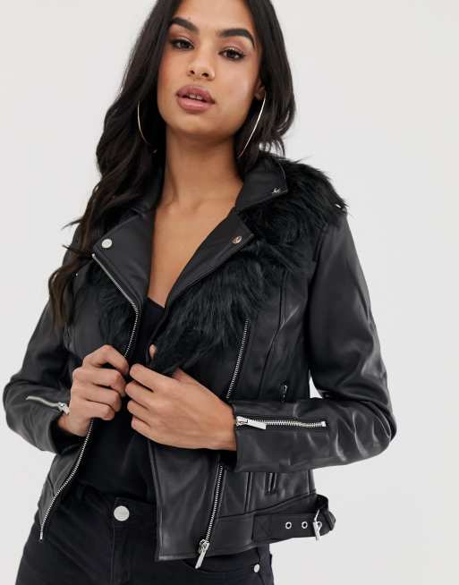 Lipsy leather look jacket with fur trim | ASOS