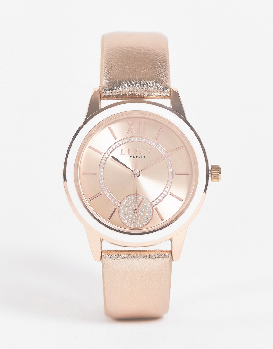 Lipsy leather strap watch with rhinestone face detail in rose gold