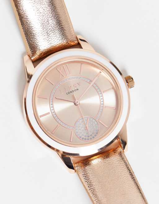 Lipsy leather strap watch with rhinestone face detail in rose gold ASOS