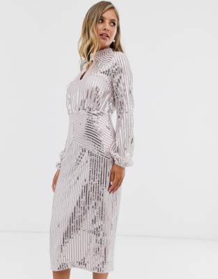 silver long sleeve midi dress