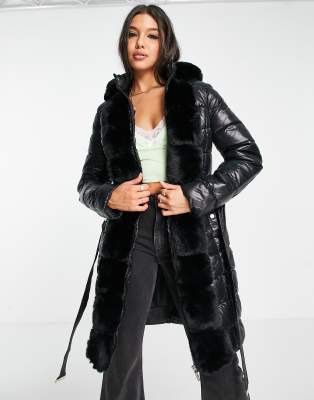 Lipsy longline padded jacket with faux fur hood detail and belt in black