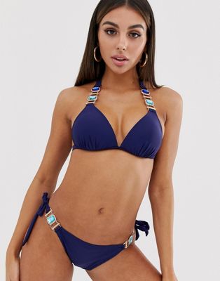 Lipsy – Marinblå bikiniöverdel i trekantsmodell med vackra stenar