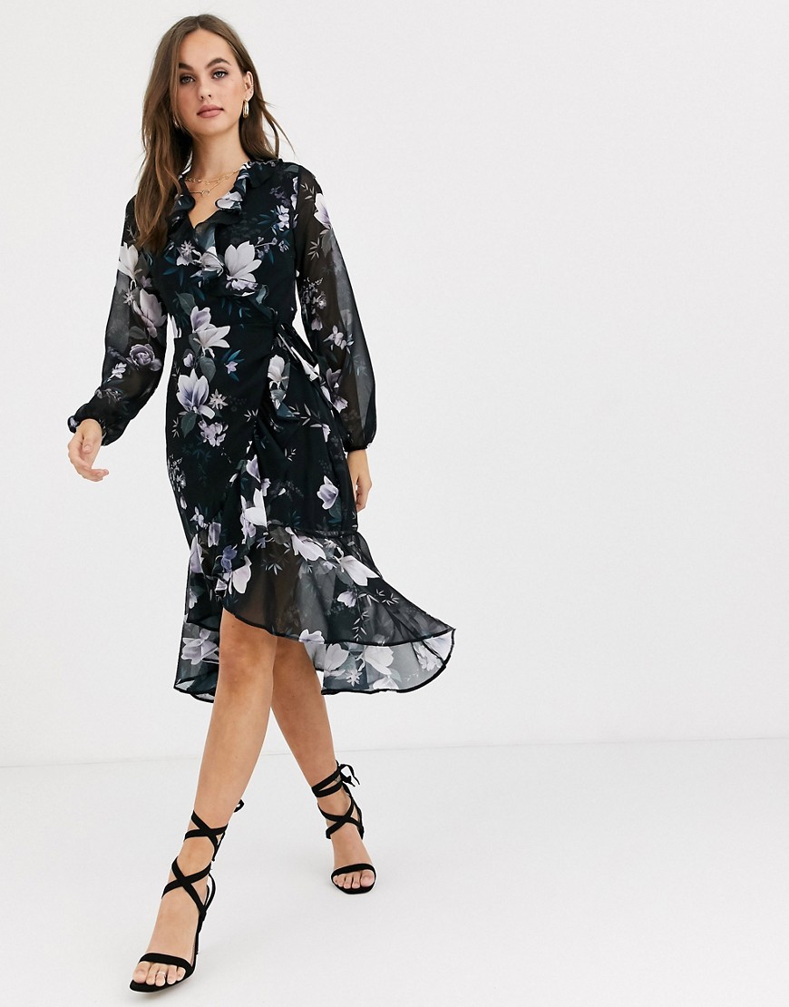 Lipsy - Midi-jurk met overslag, ruches en zwarte bloemenprint-Multi
