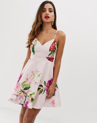 lipsy mini scuba skater dress in pink floral