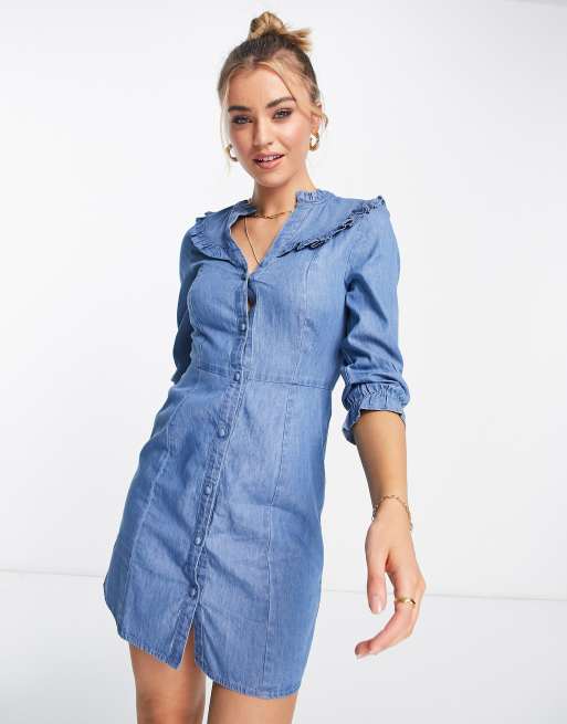 Lipsy – Niebieska sukienka koszulowa z falbanką z tkaniny chambray w stylu denimu