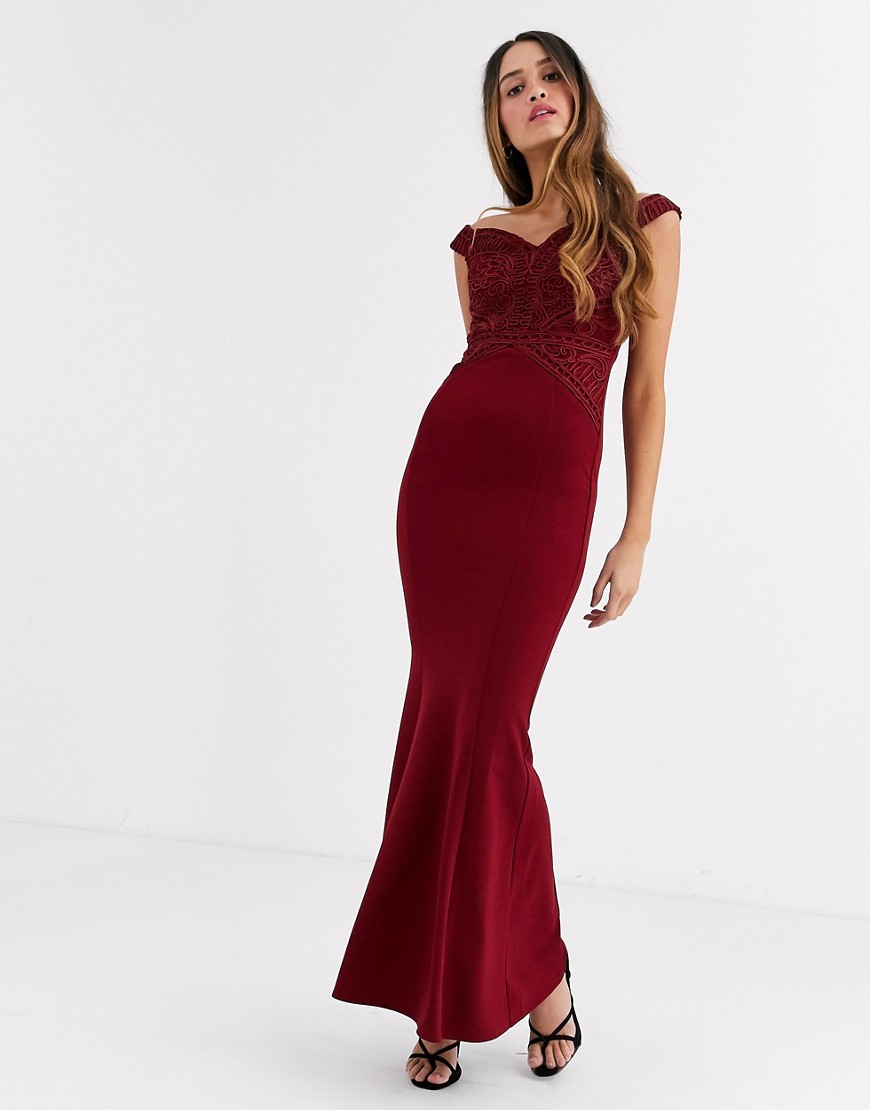 Lipsy off shoulder maxi dress with cutwork lace detail in red
