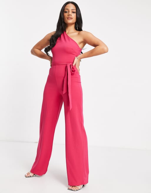 One shoulder cheap pink jumpsuit